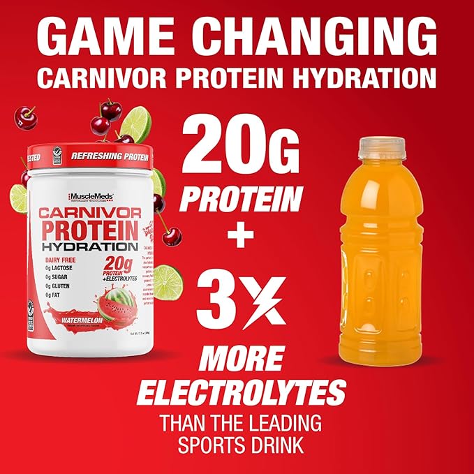 MuscleMeds Carnivor Protein Hydration Drink Powder 20g Refreshing Protein Isolate Lactose Free Sugar Free Electrolytes Muscle Building Recovery Halal Certified Cherry Lime 20 Serve