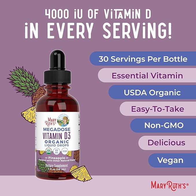 MaryRuth Organics Vitamin D3 Liquid Drops | Megadose 4000 IU | USDA Organic Liquid Vitamin D Spray for Adults &amp Kids | Immune Support &amp Bone Health | Vegan | Gluten Free | Non-GMO | 30 Serving