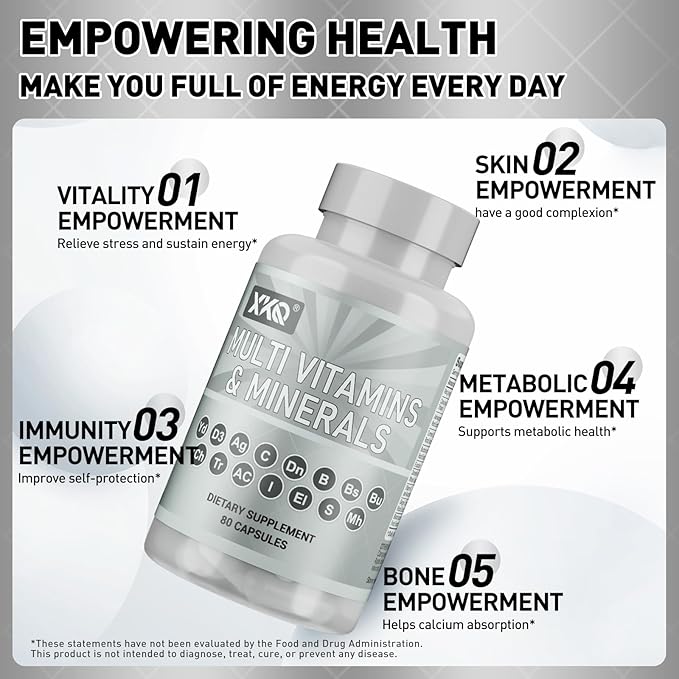 XKQ Multivitamins &amp Minerals 80 Capsules – Daily Vitamin C D3 B Vitamins &amp Zinc for Energy Immune &amp Metabolic Support – Complete Adult Multivitamin Supplement