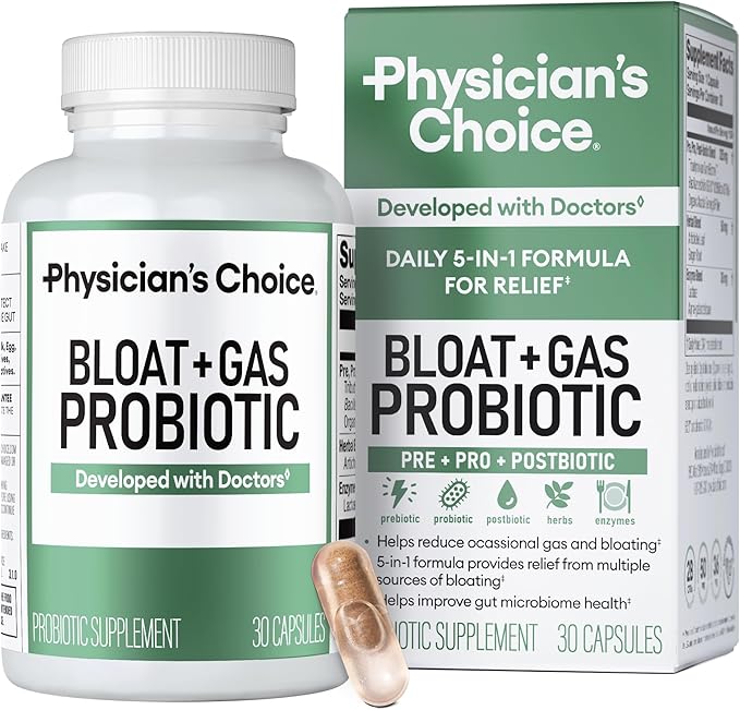 Physician's CHOICE Bloat &amp Gas Probiotic 5-in-1 Proactive Support + Daily Relief - Digestion &amp Gut Health- Herbals Digestive Enzymes Post &amp Prebiotics - Gas Relief for Adults - Women &am