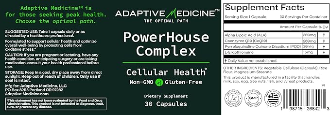 Powerhouse Complex – Supplement for Mitochondrial Support Brain &amp Memory Health Energy Support with L-Ergothioneine ALA CoQ10 &amp PQQ – Cellular Energy Cognition &amp Metabolic Health – 30