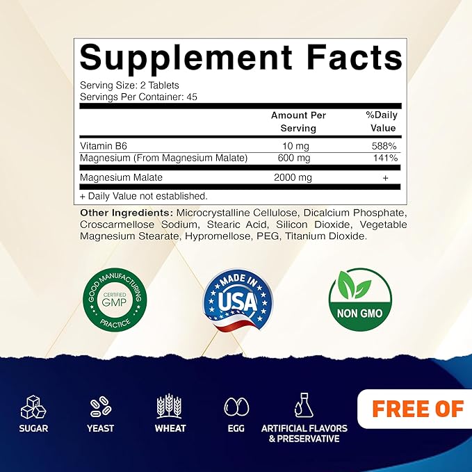 Vitamatic Magnesium Malate 2000mg per Serving - 90 Vegetarian Tablets - Added B6 for Maximum Absorption - Supports Muscle Joint and Heart Health* (3 Bottles Unflavored)