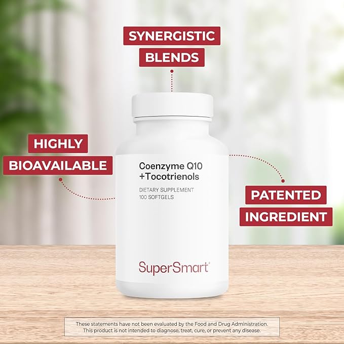 Supersmart - Coenzyme Q10 + Tocotrienols 300mg per Day (Patented &amp Bioavailable) - CoQ10 Supplement with Tocotrienols - Palm Oil Extract | Non-GMO &amp Gluten Free - 100 Softgels