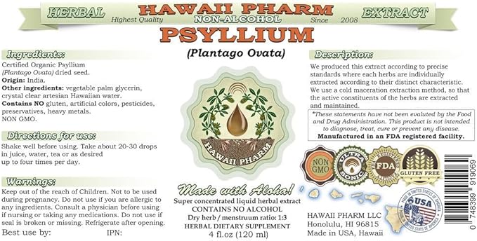 Psyllium Alcohol-Free Liquid Extract Psyllium (Plantago Ovata) Seed Glycerite Natural Herbal Supplement Hawaii Pharm 2x32 fl.oz