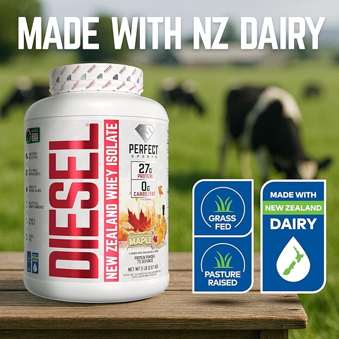 PERFECT SPORTS Diesel 100% New Zealand Whey Protein Isolate | Stevia Sweetened No Artificial Ingredients Keto | 0g Carb 0g Fat 27g Protein | 5 Pounds (Canadian Maple)