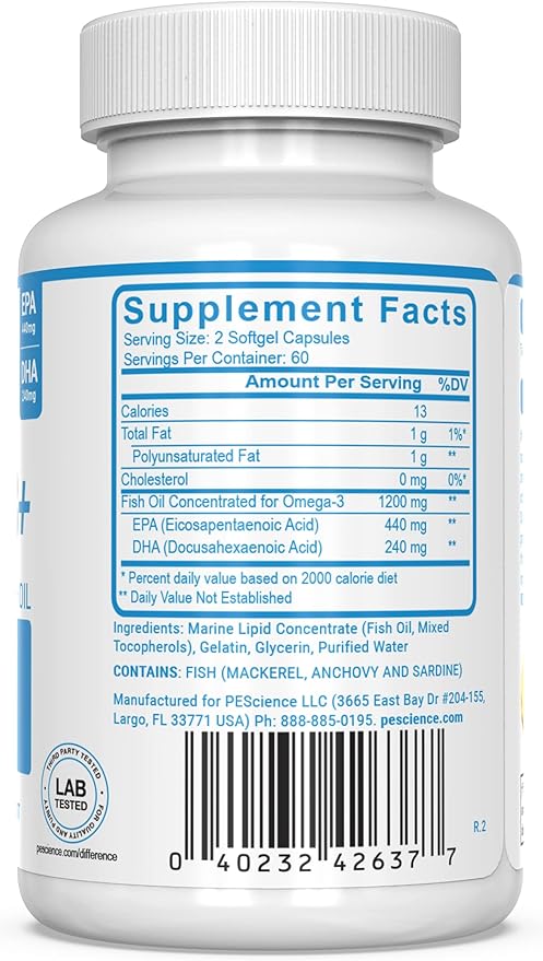PEScience Omega-3+ 440mg EPA and 240mg DHA Fish Oil Supplement Easy to Swallow Small Size Softgel No Taste 60 Servings