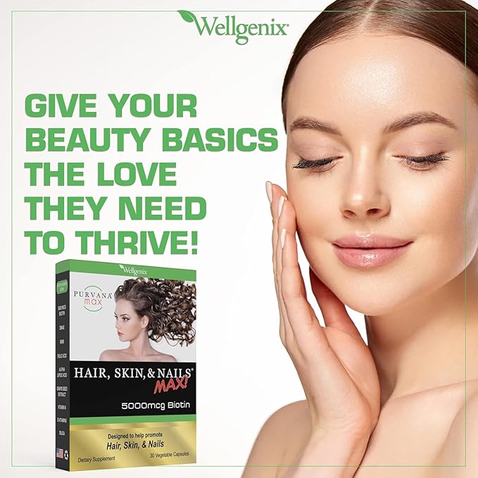 Wellgenix Purvana MAX Hair Skin and Nails Supplement – 5000mcg Biotin with MSM &amp B-Complex – Support for Thicker Hair Stronger Nails &amp Glowing Skin – 30 Veggie Capsules