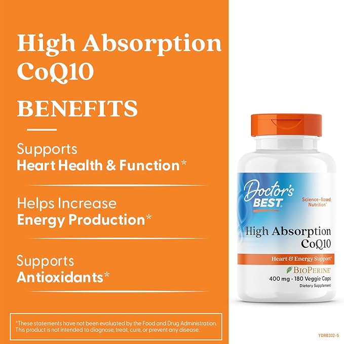 Doctor's Best High Absorption CoQ10 Heart &amp Energy Support USP Verified Naturally Fermented CoQ10 Non-GMO Gluten Free Soy Free Vegan 180 Veggie Caps