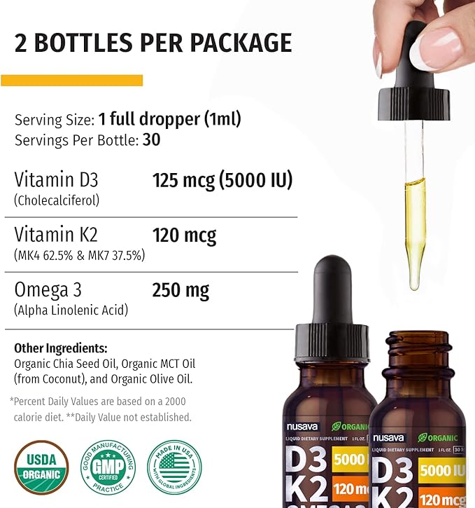 NUSAVA Unflavored Strawberry Flavored &amp Vanilla Flavored D3 K2 Liquid Drops Bundle - Potent Liquid Vitamins for Heart Joint Bone Muscle &amp Immune Support - Non-GMO Gluten-Free 2pk Each