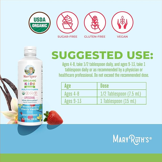 MaryRuth Organics Kids Multivitamin Liposomal (Strawberry Cherry &amp Vanilla) &amp Vitamin D3 Liposomal (Mixed Berry) Clean Label Project Verified® Vitamins for Immunity &amp Overall Wellness Veg