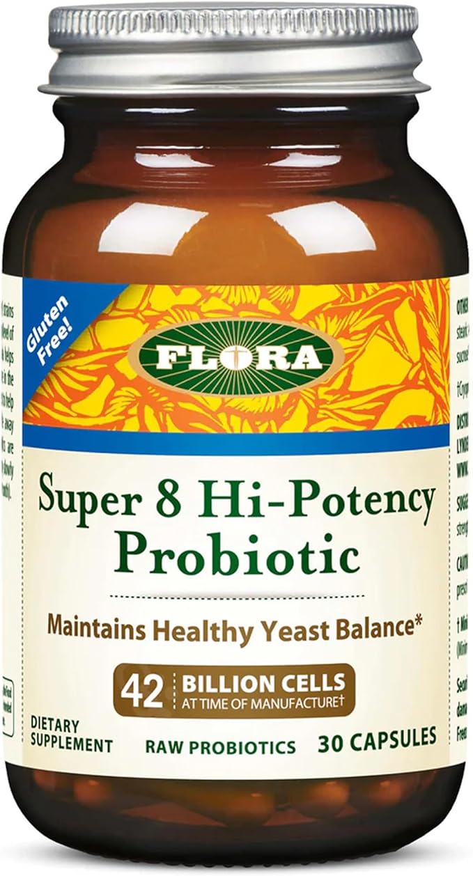 Flora Super 8 Hi Potency Probiotics 30 Count - Healthy Yeast Balance &amp Digestive Health - for Men &amp Women - 42 Billion CFU Raw Gluten Free - Up to 1 Month Supply