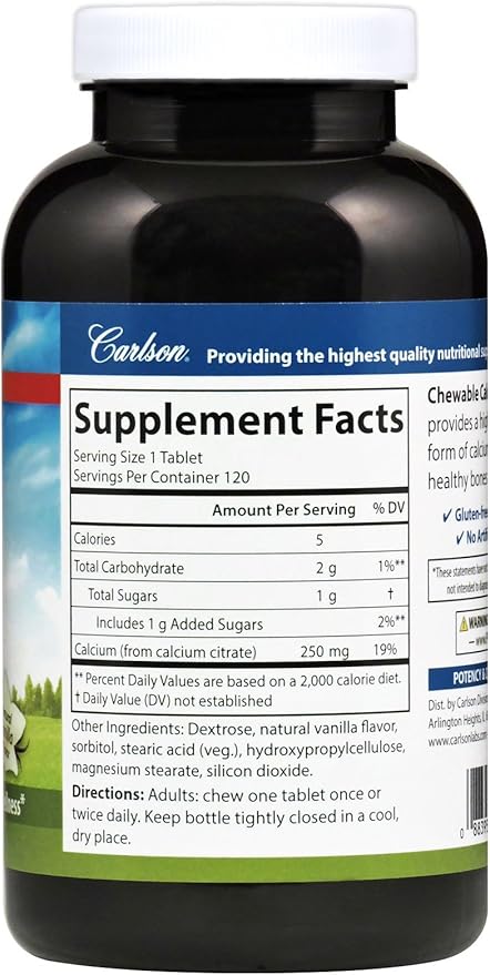 Carlson Chewable Calcium Citrate 250 mg Vanilla 120 Tablets