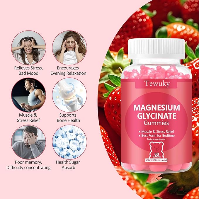 Magnesium Glycinate Gummies 2 Bottles Sugar-Free for Adults &amp Kids Magnesium Gummy for Relaxation Stress &amp Muscle Relief Supports Bone &amp Nerve Health Vegan Pectin-Based Strawberry F