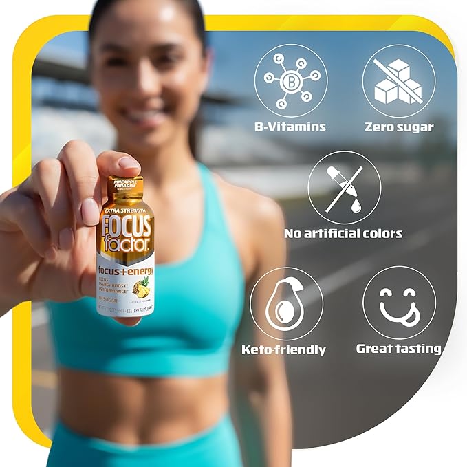 Focus Factor Extra Strength Focus + Energy Shots - 12 x 2oz Bottles (Pineapple Paradise Flavor) - Powered by Nootropics with Caffeine L-Theanine Ginkgo Bacopa L-Tyrosine Alpha GPC