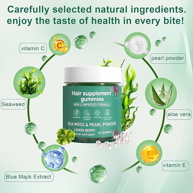 Sea Moss Gummies for Hair LossHair Loss Gummies with Organic Sea MossPearl Powder &amp Aloe VeraVitamin C Vitamin E Supports Hair &amp Skin Wellness Dietary Supplement — 60 Gummies