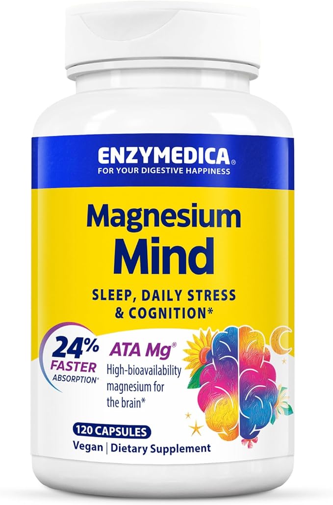 Enzymedica Magnesium Mind with ATA Mg 24% Faster Absorption High-Bioavailability Magnesium for Sleep Stress &amp Cognition 120 Count