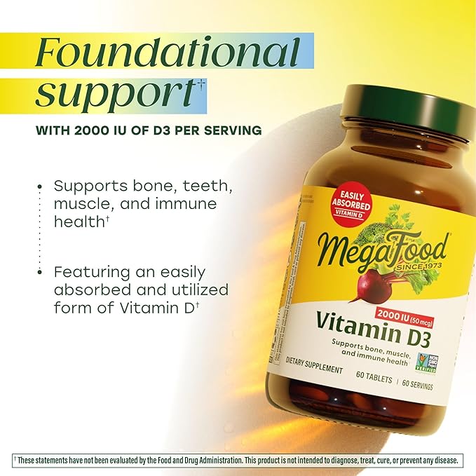 MegaFood Vitamin D3 2000 IU (50 mcg) - Vitamin D Supplements with Real Food Immune Support Supports Bones Teeth &amp Muscles Vegetarian Certified Non-GMO Kosher – 60 Tablets 60 Servings