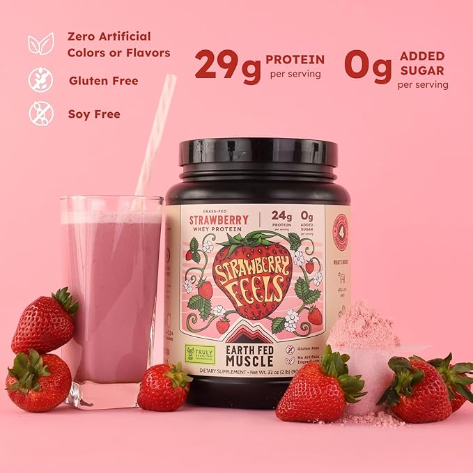 Earth Fed Muscle Strawberry Feels (Forever) – Irish Truly Grass‑Fed Whey Protein Isolate No Sugar Soy‑Free Gluten‑Free (2 lb 29 Servings Strawberry)