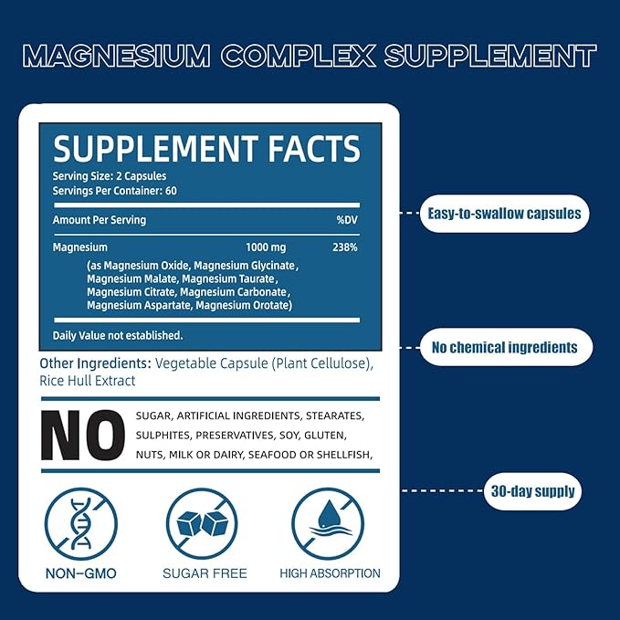 Magnesium Complex Supplement Provided by 1000mg of Eight Different Forms of MagnesiumEasy Absorption for Bones Muscle Recovery Energy Vegan Non-GMO120 Capsules (1pcs)