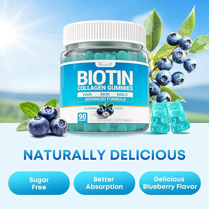 Biotin Gummies 10000mcg with Collagen - 23-in-1 Hair Growth Gummies for Women &amp Men - Hair Skin and Nails Gummies with Keratin &amp Saw Palmetto - Sugar Free Non-GMO Blueberry 180 Count