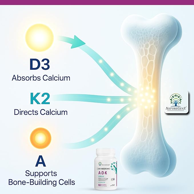 ADK Vitamin Supplement - Enhanced Bone Health with High Potency Vitamins A D3 K2 Gluten-Free 60 Capsules (Pack of 2)