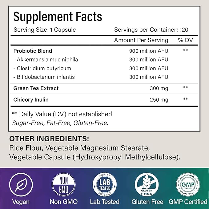 FloraBliss 120 Probiotic Capsules - 900 Million AFU of Akkermansia Clostridium Bifidobacterium. Added Prebiotic Chicory and Green Tea Exact. Gluten Free - Vegan - Non GMO.