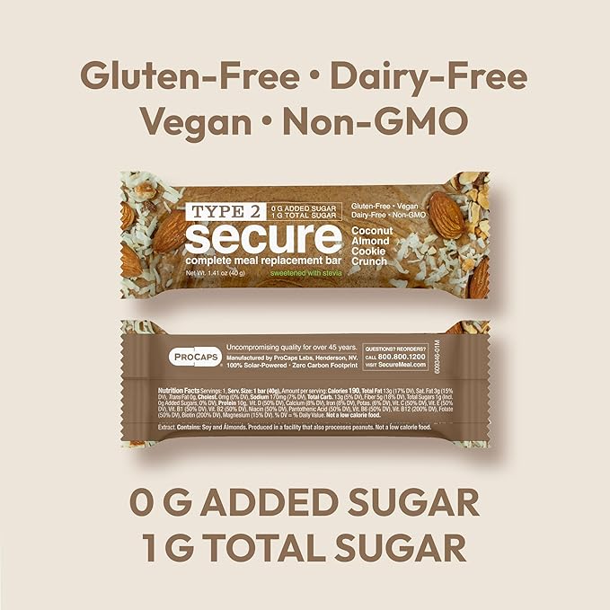 ANDREW LESSMAN Type 2 Secure Complete Meal Replacement Bars (Stevia) – Coconut Almond Cookie Crunch – 12 ct box – 10g Protein 0g Added Sugar 16 Essential Vitamins &amp Minerals Gluten-Free Vegan