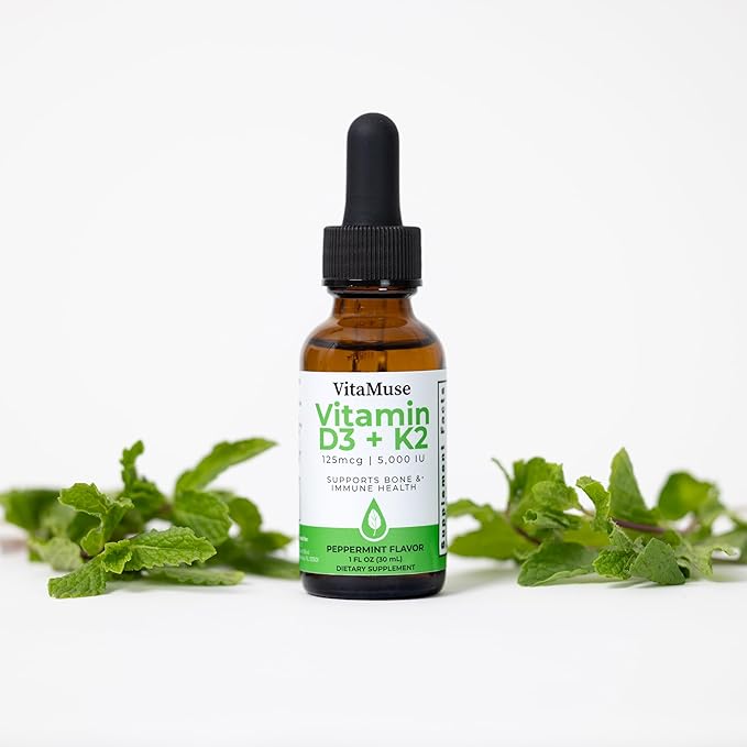 Vitamin D3 + K2 Drops 5000 IU D3 100 mcg K2 MK-7 Peppermint Flavor Liquid Tincture with Organic Oils Non-GMO Gluten-Free 1 fl oz