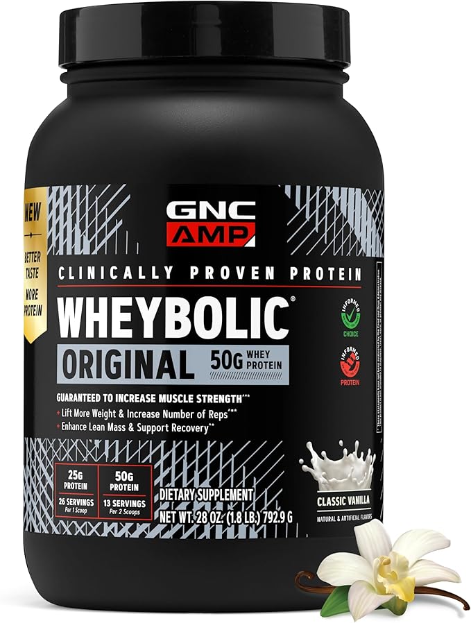 GNC AMP Wheybolic Clinically Proven Protein Powder 50g Whey Protein BCAA Leucine Increases Muscle Strength Muscle Building 3rd Party Tested Gluten Free Classic Vanilla 13 Servings