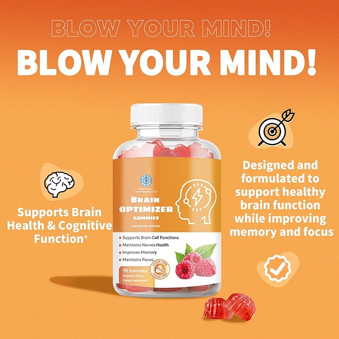 Gummies - Brain Supplement for Memory Focus &amp Attention - Cognitive Support with Magnesium Omega 3 Ashwagandha - 90 Count Raspberry Flavor