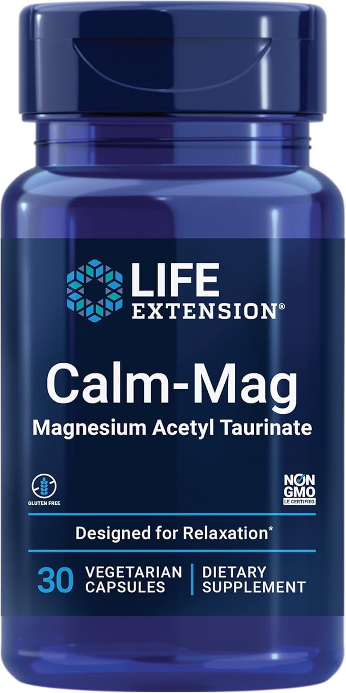 Life Extension Calm-Mag Magnesium Acetyl taurinate Daily Stress Management Formula Supports Calmness and Relaxation Gluten-Free Non-GMO Vegetarian 30 Capsules