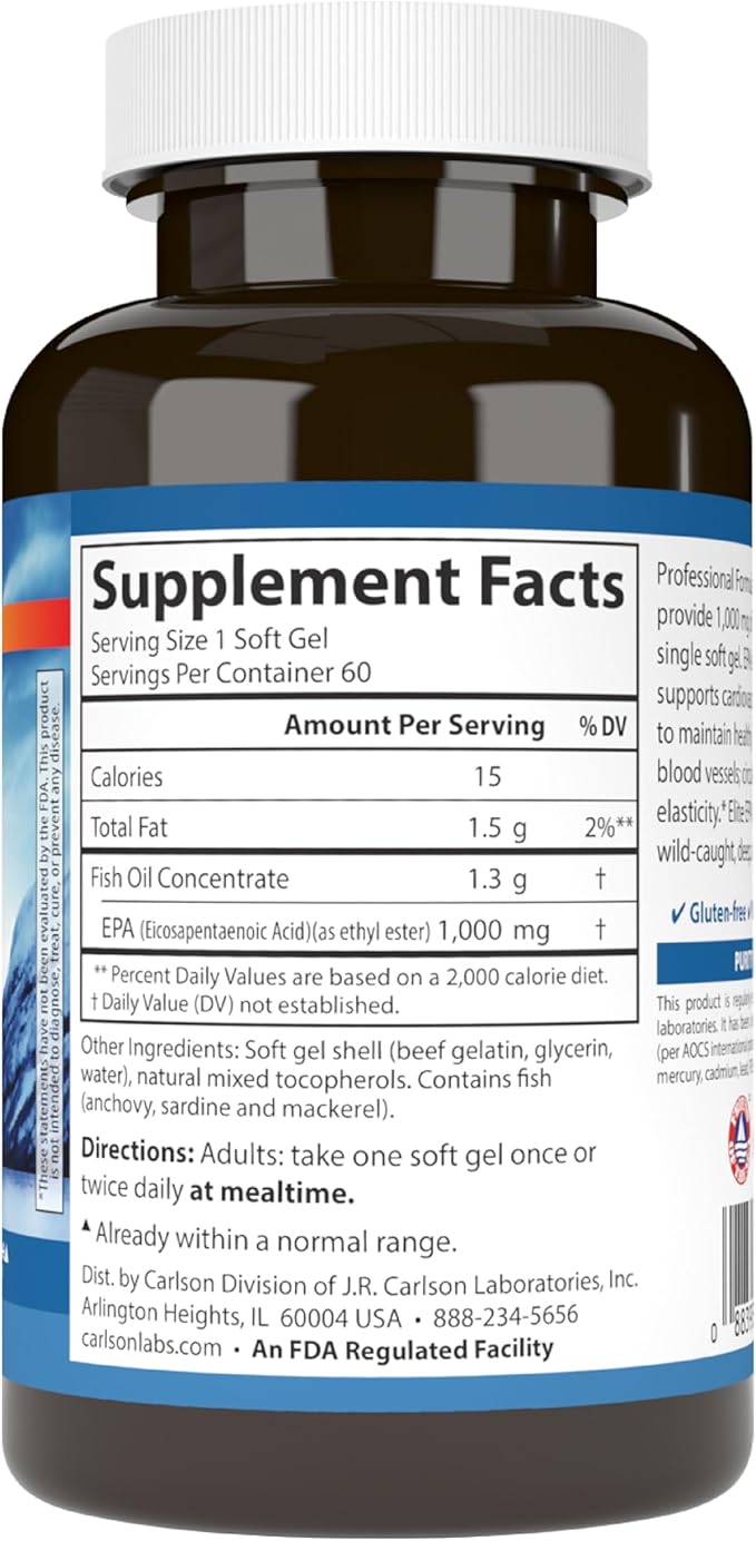 Carlson - Elite EPA Gems 1000 mg EPA Fish Oil Wild-Caught Norwegian Fish Oil Supplement Sustainably Sourced Helps Maintain Healthy Triglyceride Levels 60 Softgels