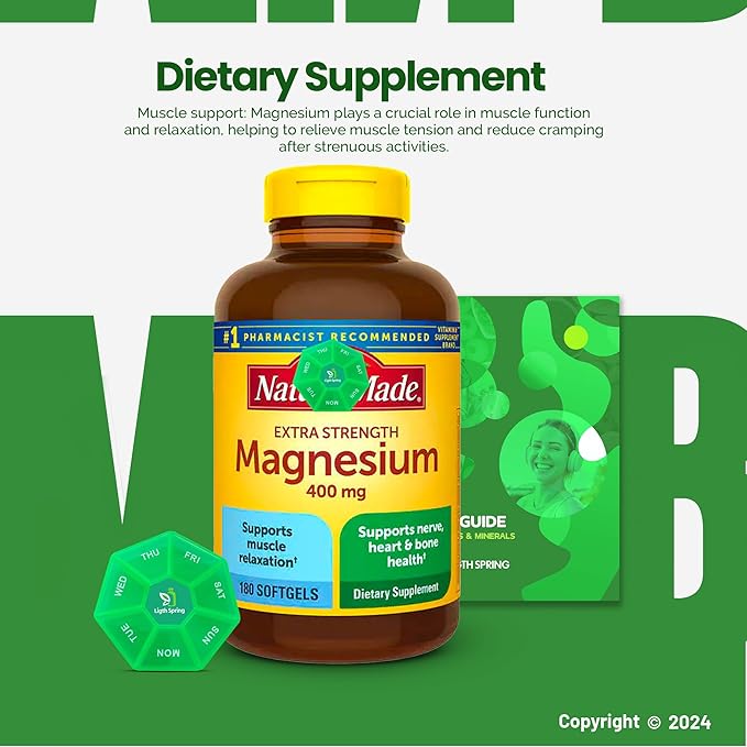 Magnesium 400mg 180 Count with Bundle Exclusive Vitamins &amp Minerals - A to Z - Better Ligth&ampSpring Guide + Weekly Pill Organizer (3 Items)