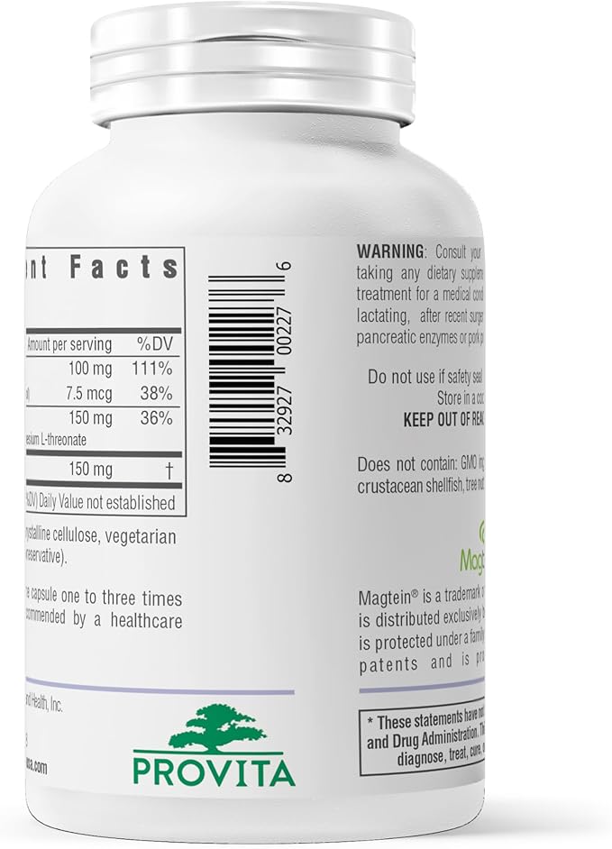 Provita Magnesium L-Threonate Supplement | Cognitive Support &amp Brain Electrolyte Balance | High Absorption Magnesium for Memory Focus &amp Brain Health | Vegan Capsules | 50mg Elemental Magnesiu