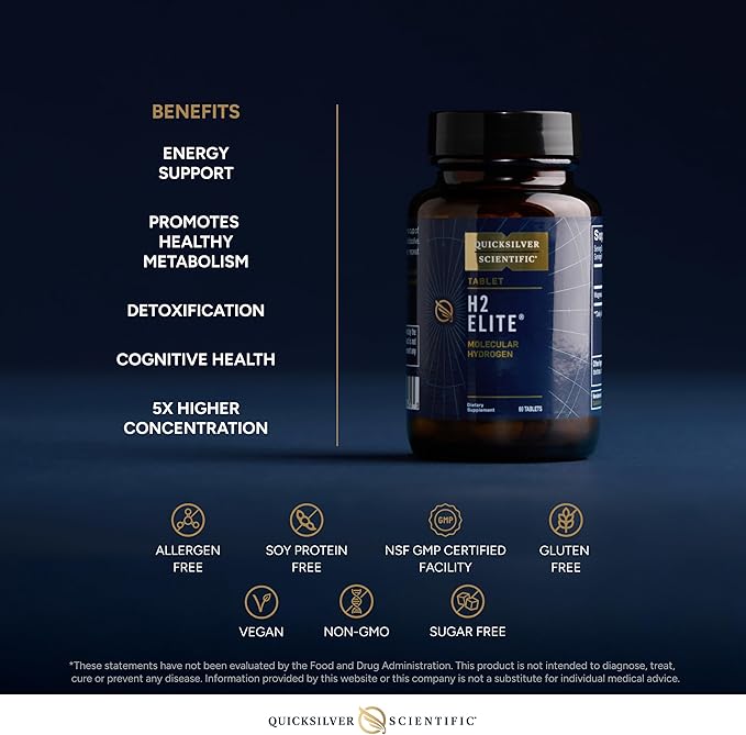 Quicksilver Scientific H2 Elite - Molecular Hydrogen for Energy + Metabolism Support Water Tablets Perfect for Open Containers - Magnesium Malate Drink Additive (60 Molecular Hydrogen Tablets)