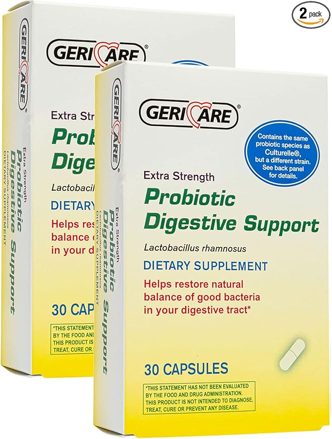 GeriCare Probiotic Digestive Support | Extra Strength 20 Billion CFU Lactobacillus Rhamnosus R-11 Daily Probiotic | Keeps Your Digestive System Balanced | 30 Capsules (2 Pack)