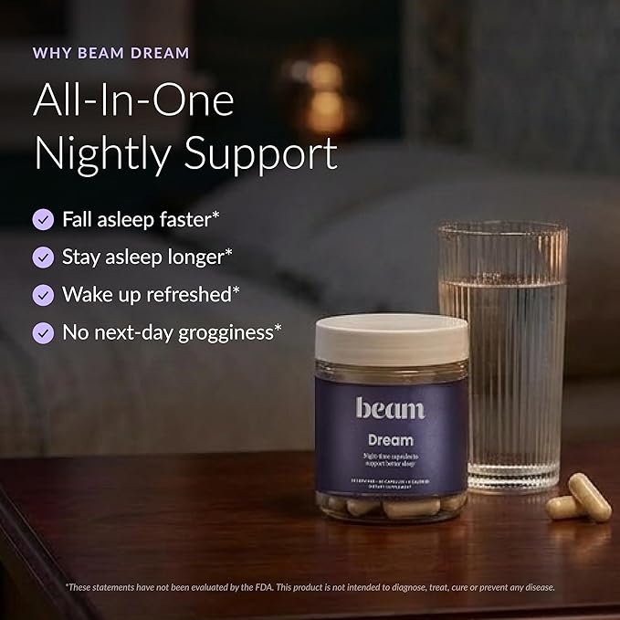 Beam Dream Sleep Capsules L-Theanine Apigenin Reishi and Magnesium Third Party Tested Natural Sleep Aid &amp Sleep Supplement for Deep Sleep Relaxation and Recovery Sleep Support 30 Servings