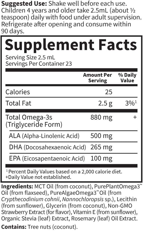 Garden of Life Kids Plant Omega-3 Liquid Strawberry - Vegan Brain &amp Eye Support for Kids Plant-Based Children's Omega 3 ALA DHA &amp EPA Supplement for Children Sugar Free &amp Non-GMO - 2 f