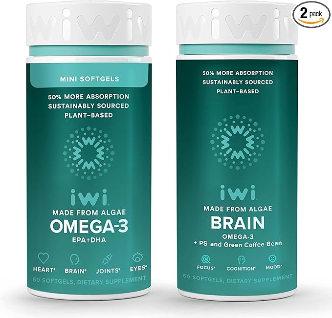 Iwi Omega-3 Minis &amp Brain Omega-3 Bundle 30 Servings Vegan Plant-Based Algae Omega 3 with EPA + DHA Krill &amp Fish Oil Alternative No Fishy Aftertaste