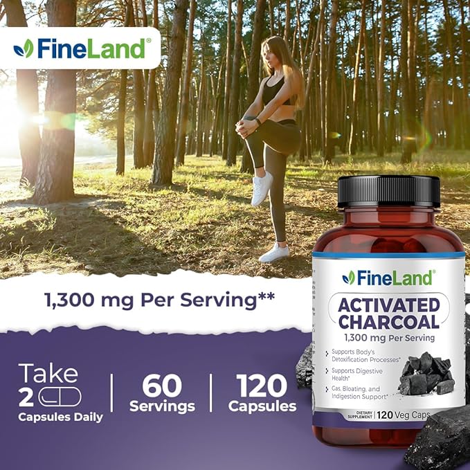 FineLand Activated Charcoal 1300mg - Advanced Digestive Detox Cleanse Helps with Gas and Bloating Circulation &amp Cholesteroal Support - Made in USA 120 Vegan Pills