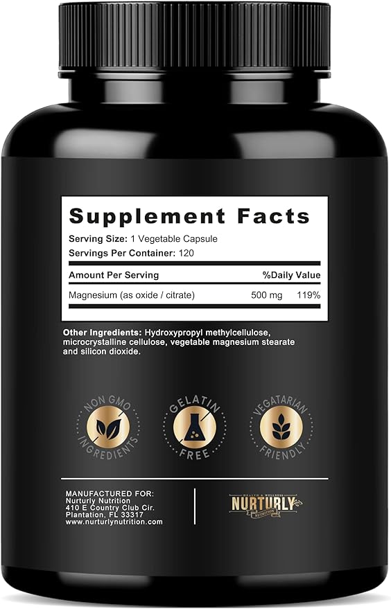 Magnesium Citrate &amp Oxide 500mg Complex Supplement - High Absorption Maximum Strength - Helps Support Bone Density and Strength Muscles Energy and Sleep - 120 Vegan Capsules