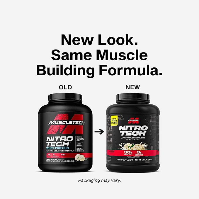 Muscletech Whey Protein Powder (Vanilla Cream 4 Pound) - Nitro-Tech Ultimate Muscle Building Formula with Whey Protein Isolate - 30g of Protein 3g of Creatine &amp 6.8g of BCAA - Packaging May Vary