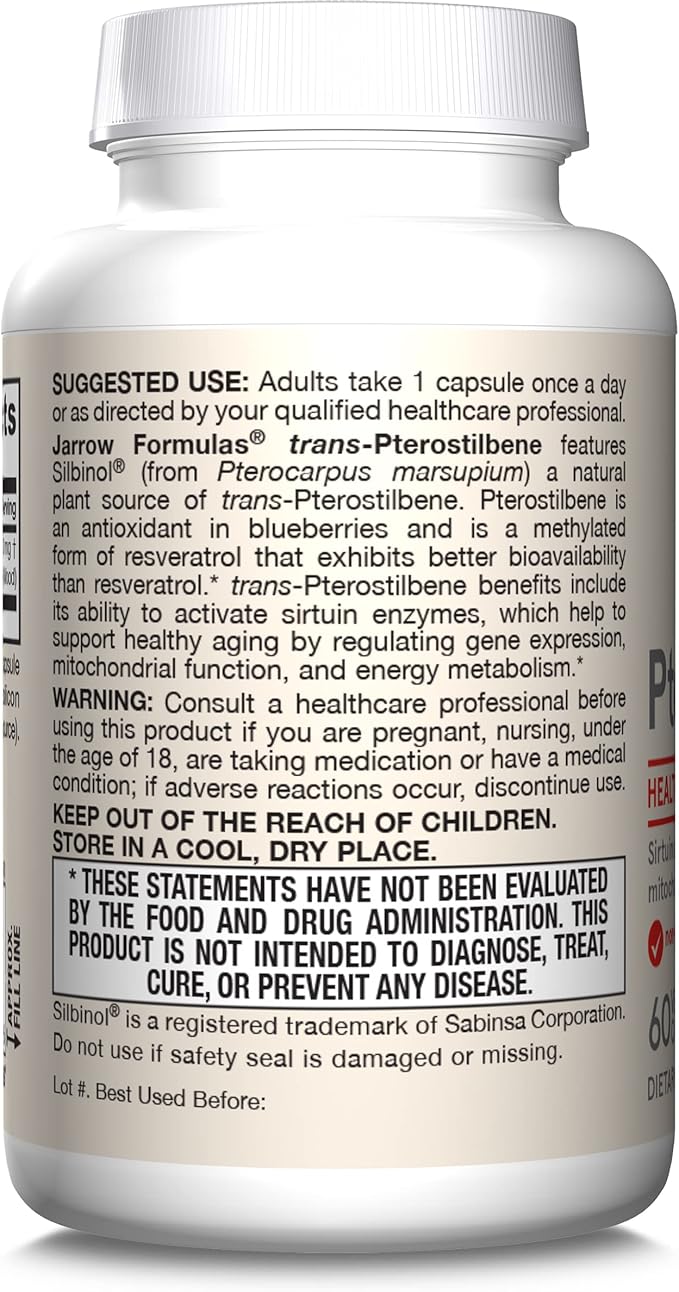Jarrow Formulas® Pterostilbene 50mg for Antioxidant Support Dietary Supplement Supports Healthy Aging 60 Veggie Capsules 60 Day Supply