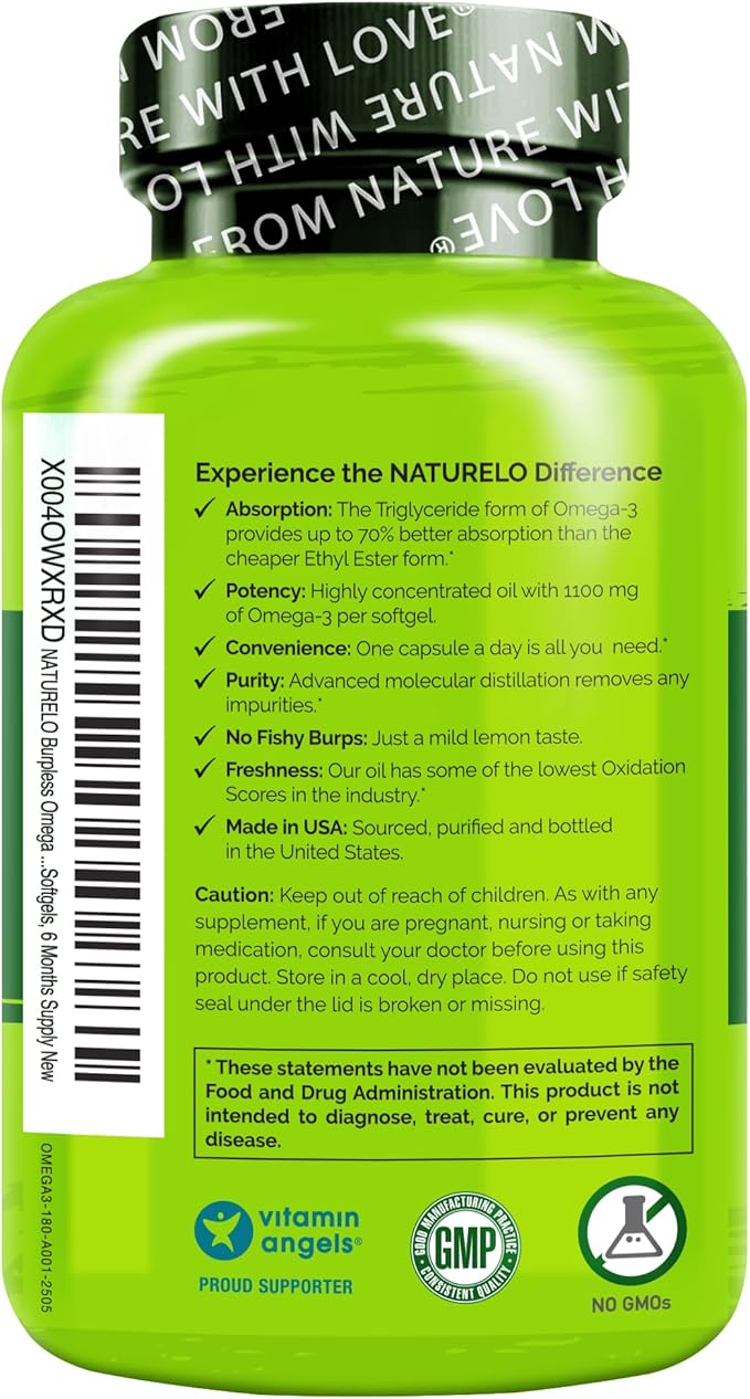 NATURELO Burpless Omega 3 Fish Oil Supplement - 1100mg Triglyceride Omega-3 EPA + DHA for Heart Eye Brain Joint Health - 180 Softgels 6 Months Supply