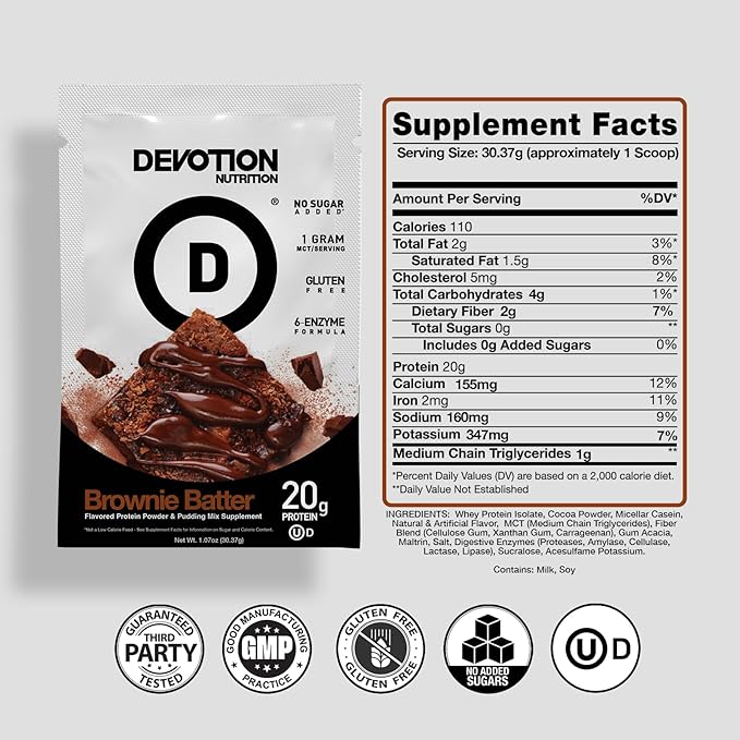 Devotion Nutrition Brownie Batter Protein Powder for Shakes Baking Brownies Desserts – 20g Whey Isolate &amp Casein Blend – No Added Sugar Low Carb Gluten-Free Keto-Friendly with MCT – 12 Packe
