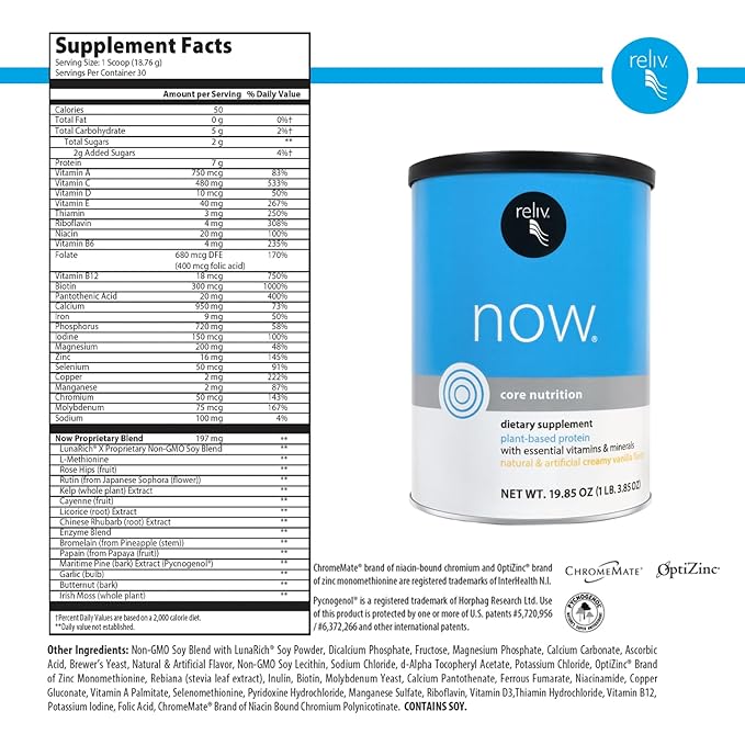 RELIV Now with Soy Creamy Vanilla - Plant-Based Protein Shake with 7g Protein and Minerals Dairy-Free Gluten-Free 30 Servings 19.85 oz