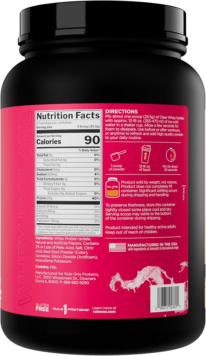 Rule 1 Clear Whey Isolate - 20g All-Whey Isolate Protein Mix Over 9g EAAs 90 Calories Zero Sugar Easy to Digest Light Crisp and Refreshing Taste (27 Servings Strawberry Lemonade)
