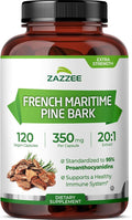 Zazzee Extra Strength French Maritime Pine Bark Extract 20:1 350 mg Per Capsule 95% Proanthocyanidins 120 Vegan Capsules 4 Month Supply Certified Kosher Antioxidant Support Non-GMO Made in USA