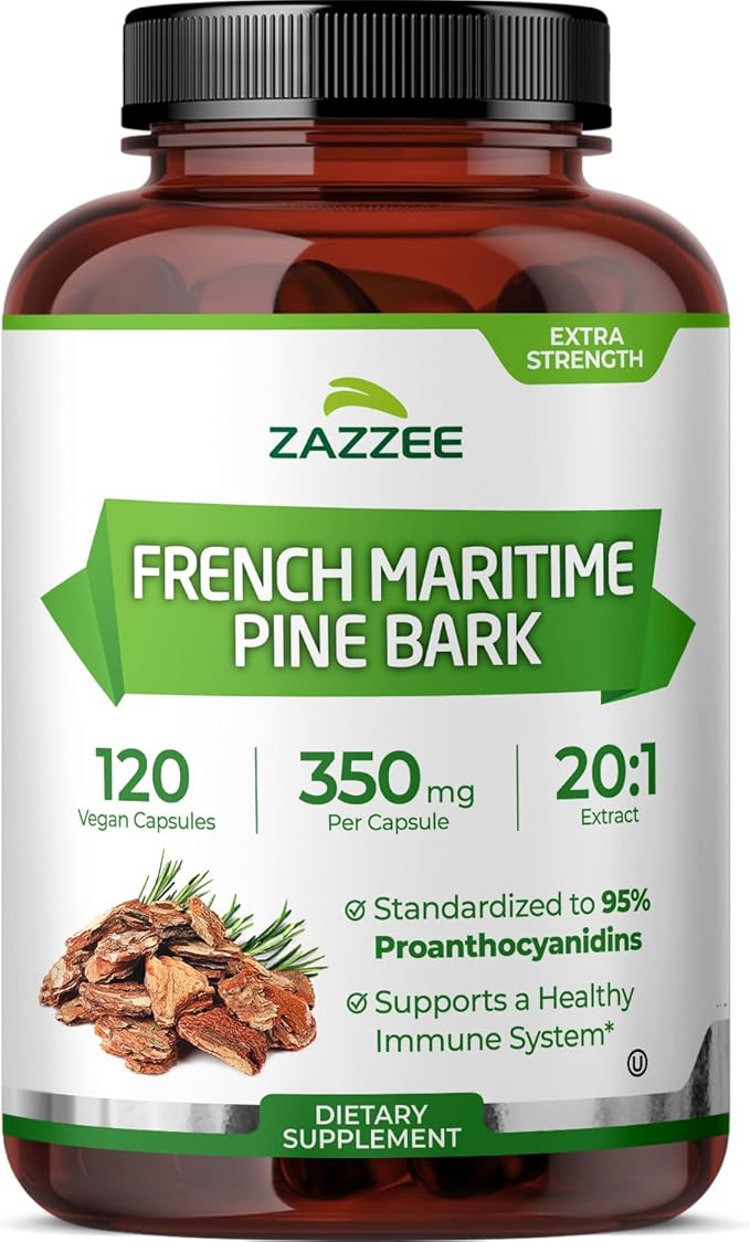 Zazzee Extra Strength French Maritime Pine Bark Extract 20:1 350 mg Per Capsule 95% Proanthocyanidins 120 Vegan Capsules 4 Month Supply Certified Kosher Antioxidant Support Non-GMO Made in USA