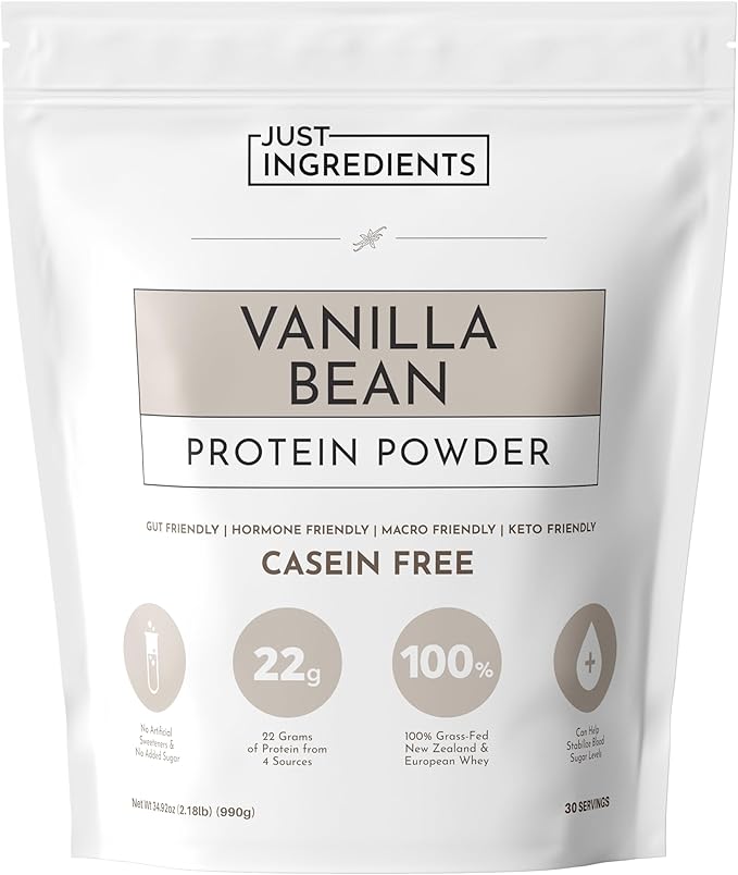 JUST INGREDIENTS Vanilla Bean Protein Powder – 30-Serving Blend with 100% Grass-Fed Whey &amp Organic Plant Proteins – Real Vanilla Bean &amp Cinnamon – Supports Muscle Recovery Energy*